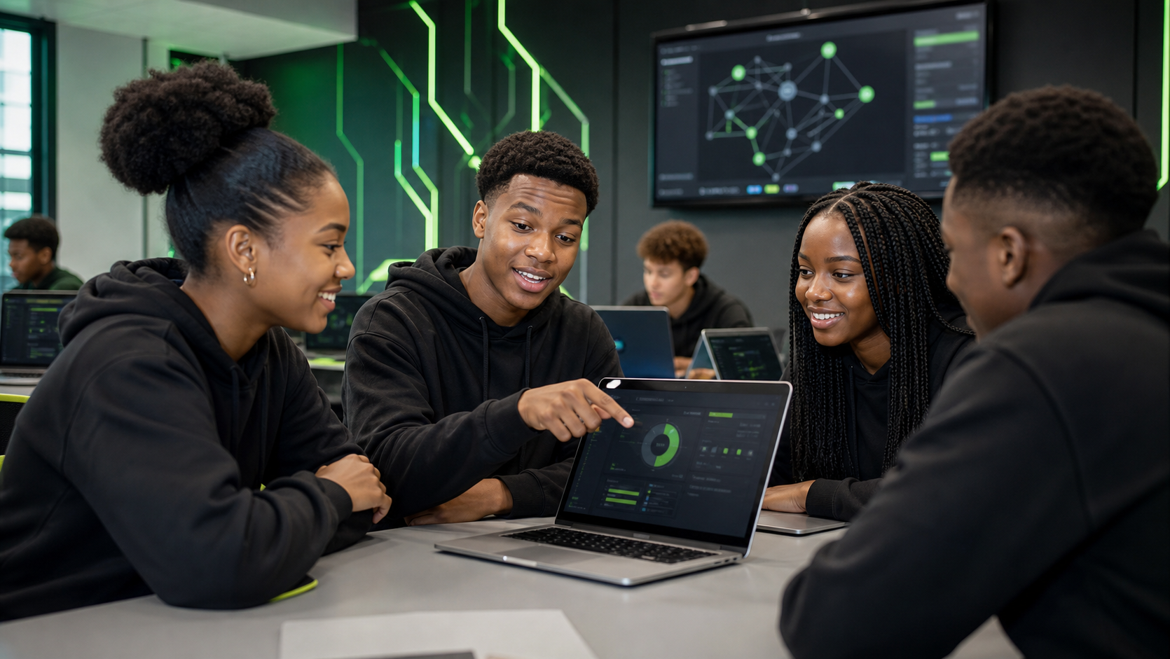 Young people working toward technology certifications in a cyber academy