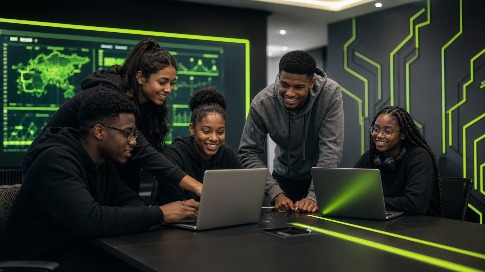 Young people solving a cyber challenge together in a training lab