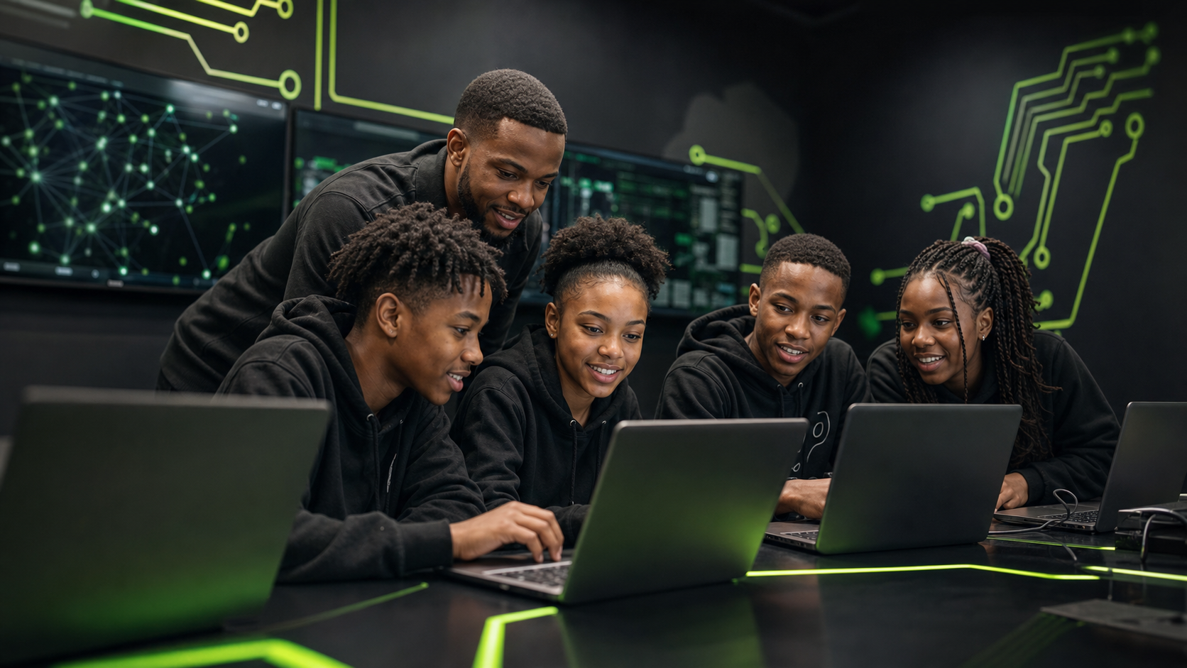 Young learners collaborating in a cyber learning lab